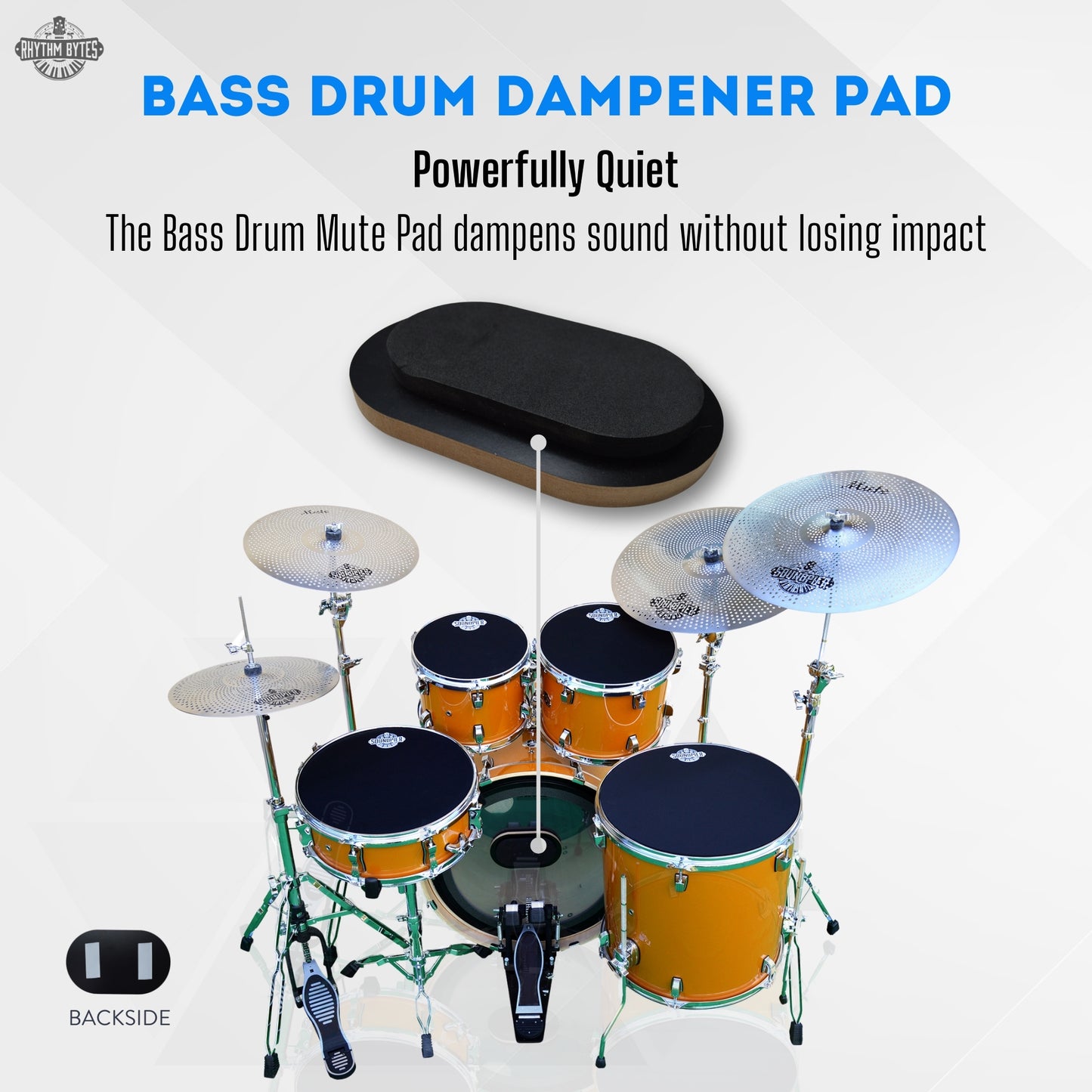 Rhythm Bytes Drum Mute Pads Set – 8 Pc Drum Silencer Pads for Acoustic Drums – Includes 8 Drum Dampeners for 8"/10"/12"/13"/14"/16", 1 Bass Drum Mute Pad, 1 Snare Wire Mute Pad – Quiet Practice