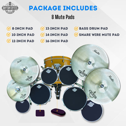 Rhythm Bytes Drum Mute Pads Set – 8 Pc Drum Silencer Pads for Acoustic Drums – Includes 8 Drum Dampeners for 8"/10"/12"/13"/14"/16", 1 Bass Drum Mute Pad, 1 Snare Wire Mute Pad – Quiet Practice